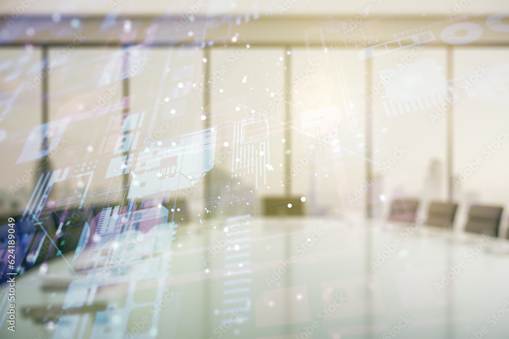 Poster double exposure of abstract creative programming illustration on a modern boardroom background, big 