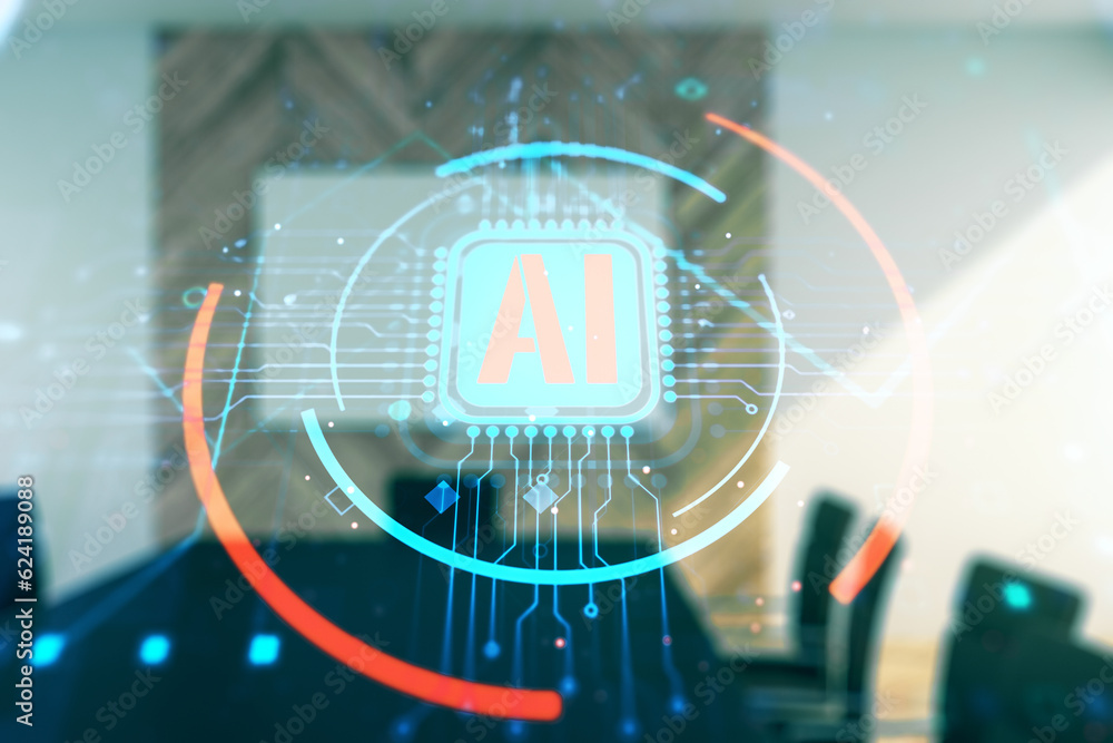 Aufkleber double exposure of creative artificial intelligence abbreviation hologram on a modern boardroom back