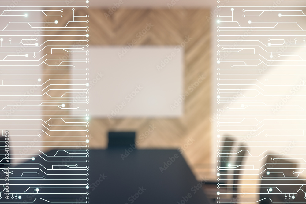 Aufkleber double exposure of abstract virtual circuit hologram on a modern meeting room background. research a