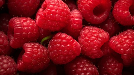 Fresh, juicy, ripe raspberries. View from above. AI generation.