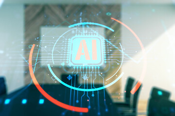 Double exposure of creative artificial Intelligence abbreviation hologram on a modern boardroom...