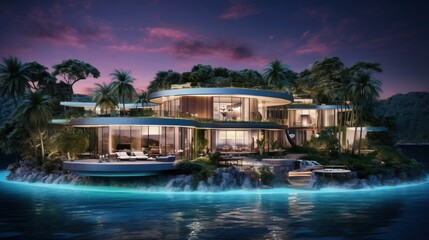 Fototapeta na wymiar Incredibly Huge Mansion over a Coast near the Ocean. Futuristic