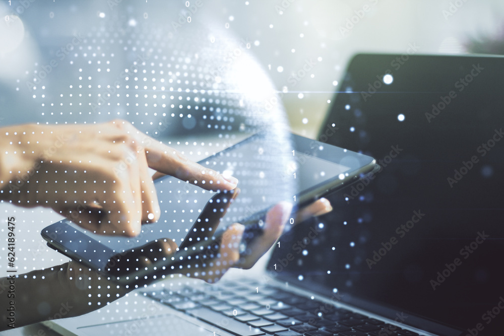 Aufkleber multi exposure of abstract graphic world map and hand working with a digital tablet on background, c