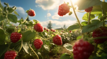 Obraz premium Fresh, juicy, ripe raspberries. In field. AI generation.