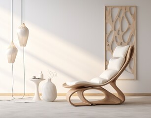 Futuristic Wooden Seat with White Pillows with Insane Shapes.