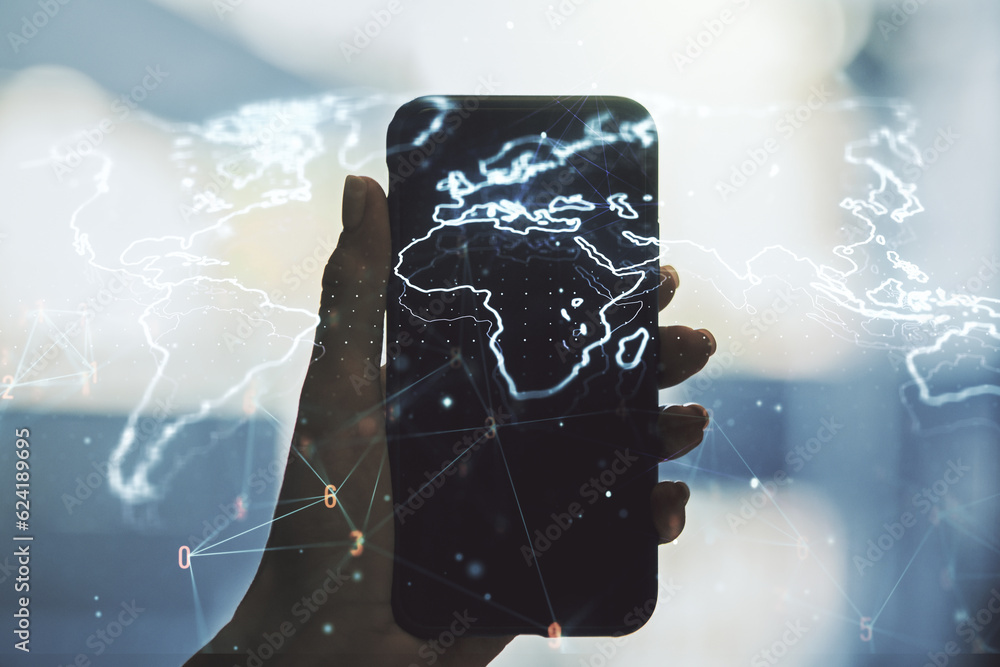 Poster multi exposure of abstract graphic world map and hand with cellphone on background, connection and c