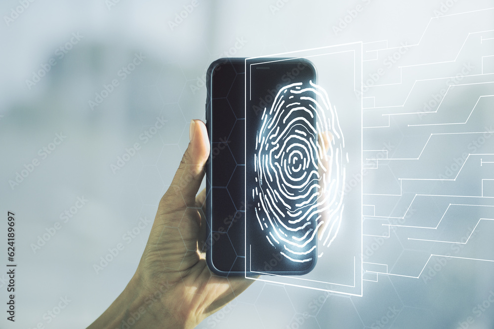 Poster multi exposure of creative fingerprint hologram and hand with cell phone on background, personal bio