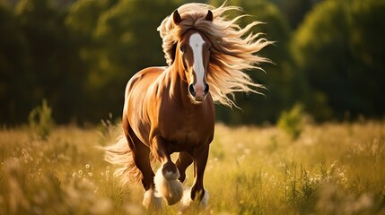 An image of a beautiful free horse in the field on a clear day. Generative AI.