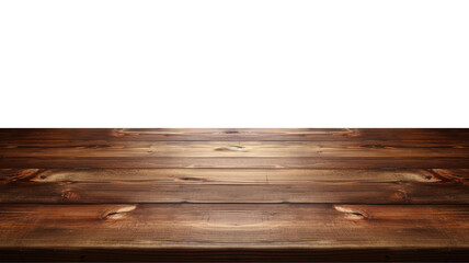 A Front View of Dark Brown Blank Wooden Tabletop Mockup, Empty Wooden Table. Isolated on Transparent Background. Generative AI