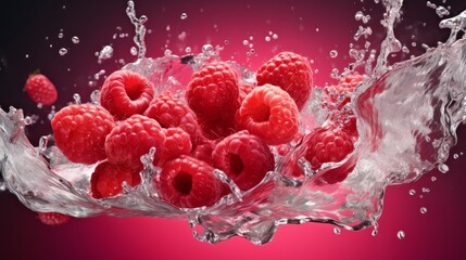 Fresh, juicy, ripe raspberries. In the lists of flying water. On a pink background. AI generation.
