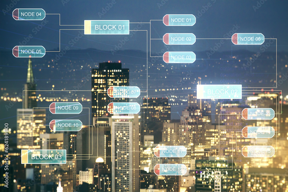 Aufkleber Multi exposure of abstract programming language hologram on San Francisco office buildings background, artificial intelligence and machine learning concept