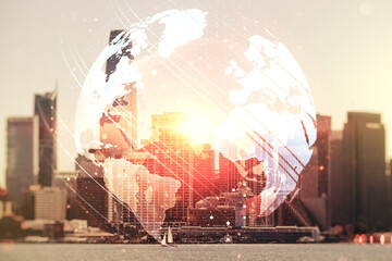 Multi exposure of abstract creative digital world map hologram on San Francisco skyscrapers background, research and analytics concept