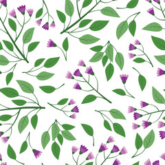 Seamless pattern with hand drawn purple and pink flowers floral branch, twig.