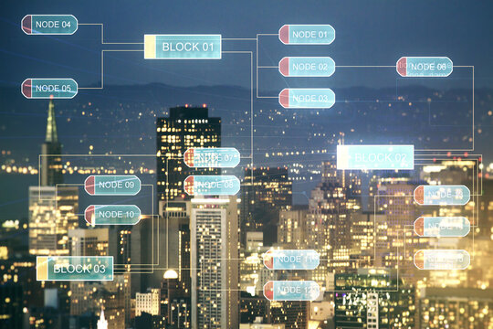 Multi exposure of abstract programming language hologram on San Francisco office buildings background, artificial intelligence and machine learning concept