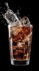 An image of ice cubes falling into a refreshing glass of Coca Cola. Generative AI.