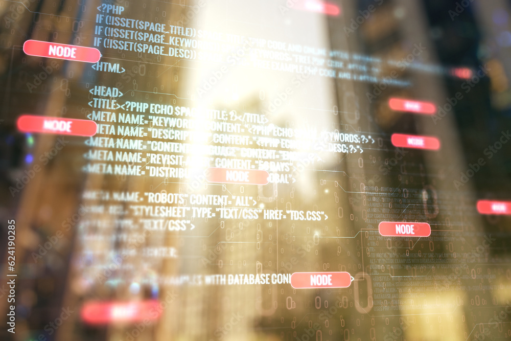 Aufkleber double exposure of abstract creative programming illustration on blurry cityscape background, big da