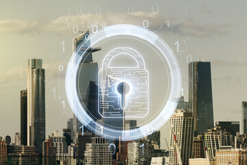 Virtual creative lock symbol and microcircuit illustration on New York city skyline background. Protection and firewall concept. Multiexposure