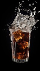 An image of ice cubes falling into a refreshing glass of Coca Cola. Generative AI.