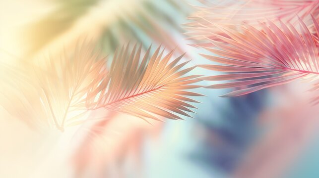 Fototapeta Pastel beautiful advertising delicate background. Palm leaves and sun. AI generation.