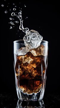 An image of ice cubes falling into a refreshing glass of Coca Cola. Generative AI.