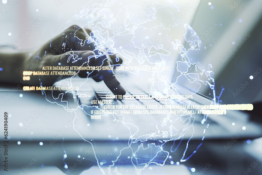 Poster abstract creative coding concept with world map and hands typing on laptop on background. multiexpos