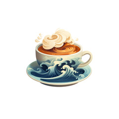 Illustration of coffee cup with water waves. Perfect for fantasy lovers and coffee lovers. Ideal for restaurant, kitchen room, coffee bars.
