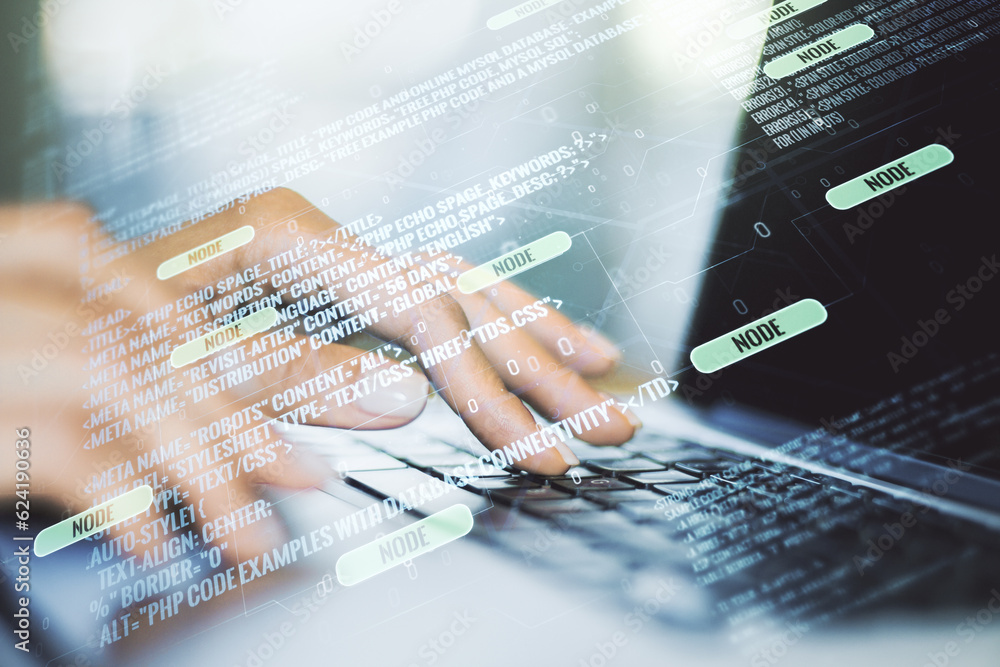 Fototapete double exposure of abstract creative programming illustration and hands typing on laptop on backgrou