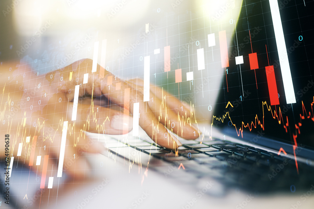 Poster multi exposure of abstract creative financial graph with world map and hand typing on laptop on back