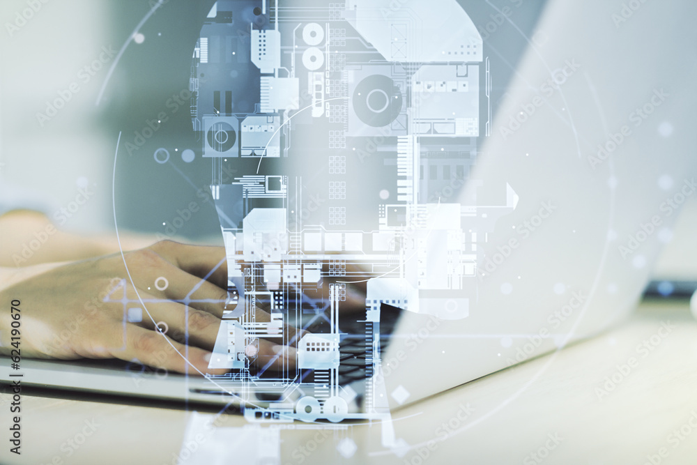 Poster double exposure of creative artificial intelligence symbol with hands typing on laptop on background