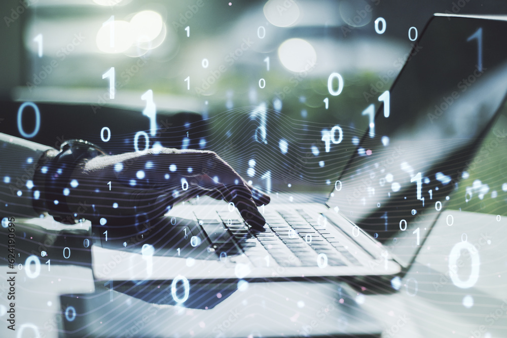 Fototapete creative concept of binary code illustration and hands typing on laptop on background. big data and 