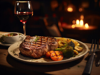 Epicurean's Delight: Close-Up of Juicy Steak with Grilled Veggies and Red Wine
