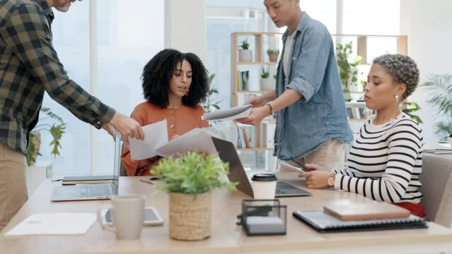 Group, chaos and black woman multitasking paperwork, workflow crisis and financial report documents. Team, staff or leader overwhelmed with office deadline, pressure and worry with stress or schedule