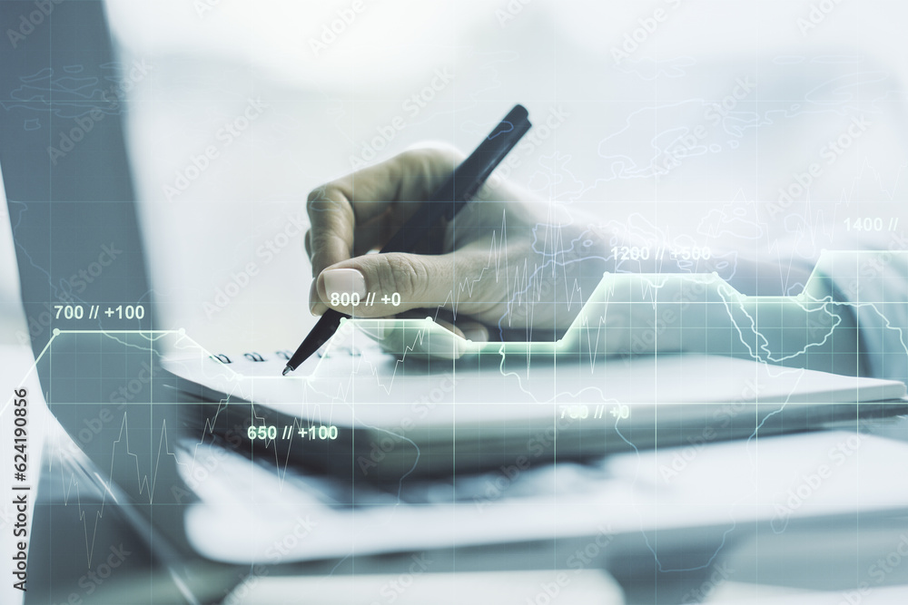 Aufkleber multi exposure of abstract graphic data spreadsheet sketch with hand writing in diary on background 