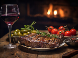 Flavorsome Feast: Detailed Image of Medium-Rare Steak and Wine