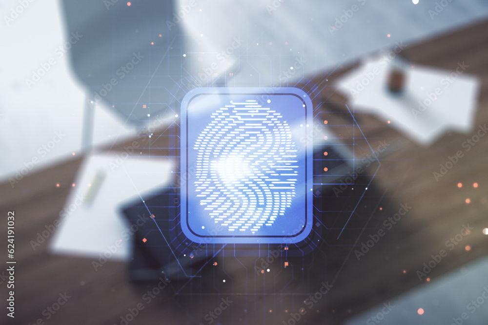 Poster multi exposure of creative fingerprint hologram and modern desktop with laptop on background, person