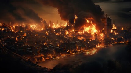 An image of a city covered in fire at night, reflecting a devastating scene. Generative AI.