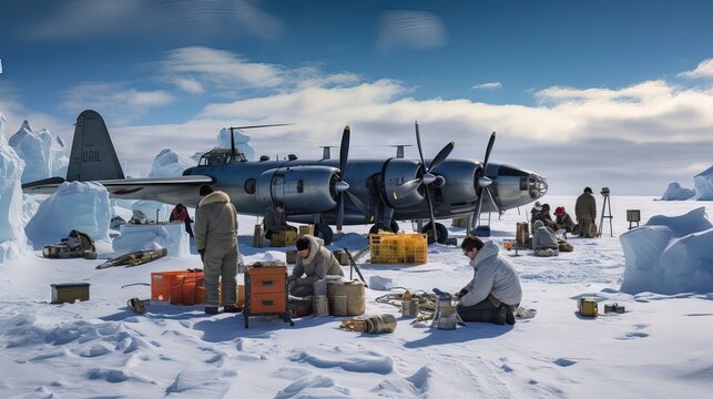 An image of a group of scientists conducting research experiments in the Antarctic. Generative AI.