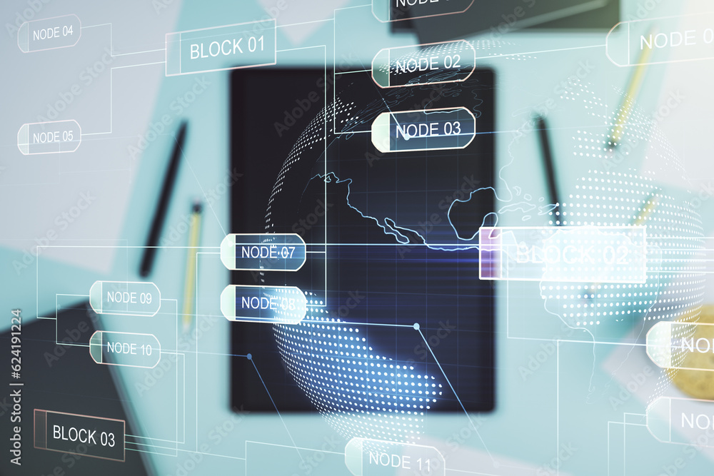 Fototapete Double exposure of abstract creative programming illustration with world map and modern digital tablet on background, big data and blockchain concept