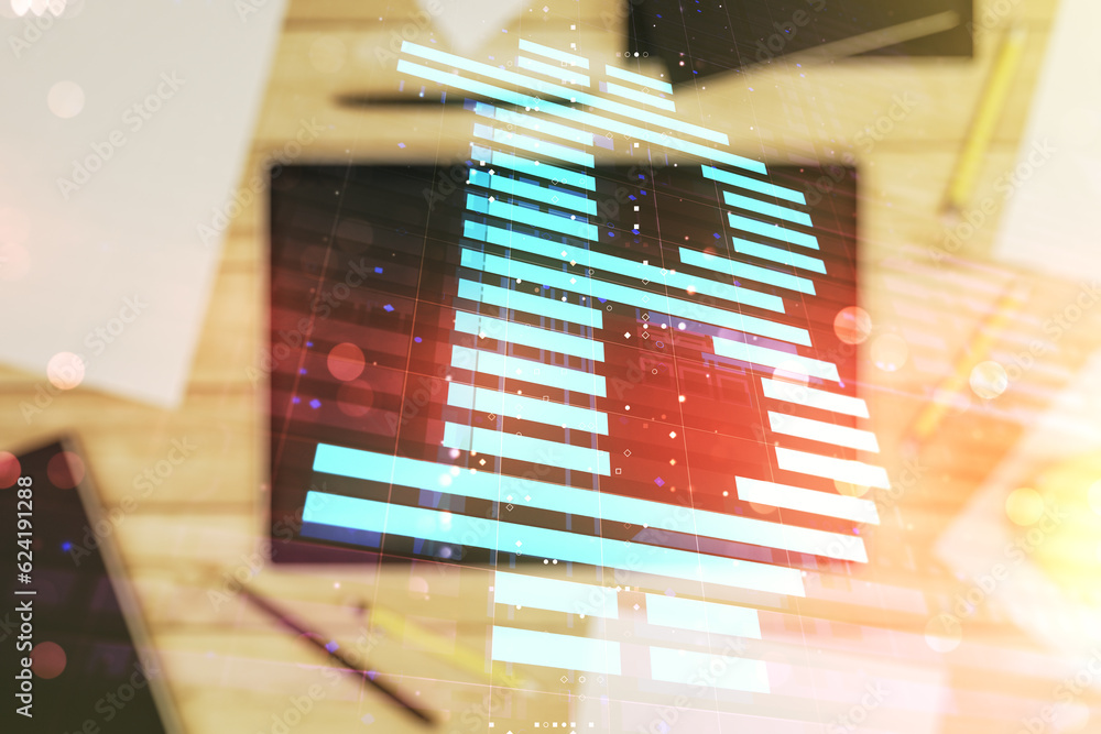 Poster double exposure of creative bitcoin symbol hologram and modern digital tablet on background. mining 