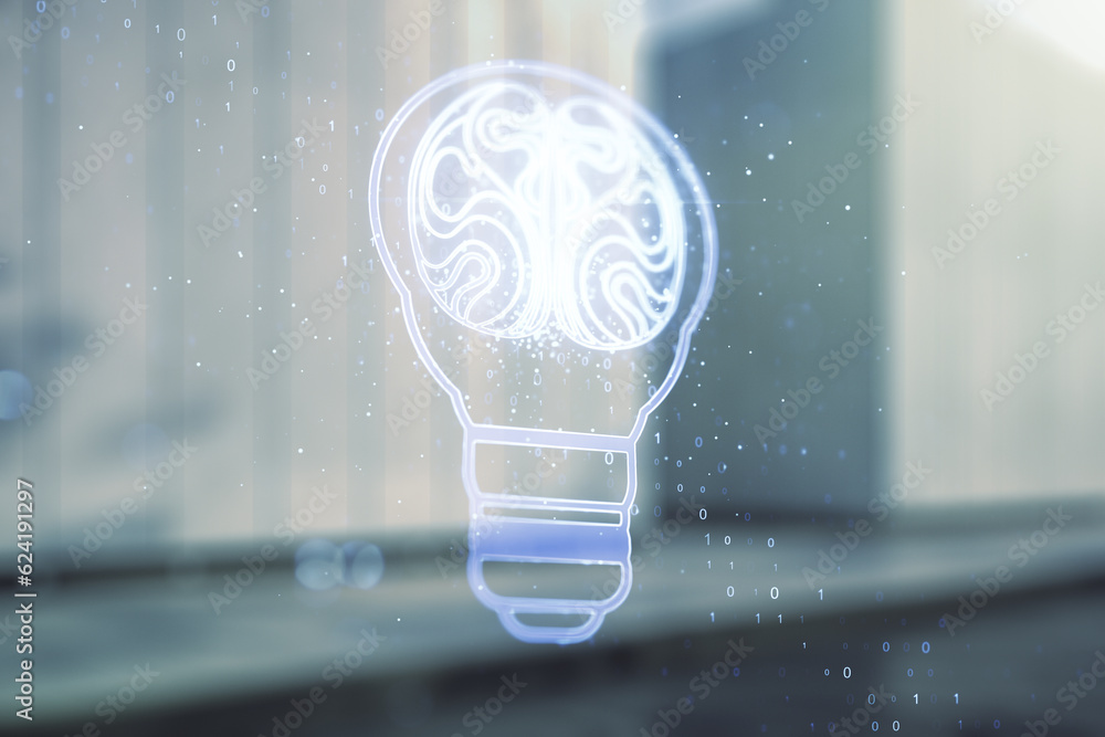 Poster abstract virtual idea concept with light bulb and human brain illustration on blurry modern office b