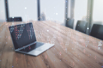 Abstract creative financial graph on modern laptop background, financial and trading concept. Multiexposure