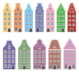 Set of cartoon colorful houses of an ancient European city, isolated vector objects on a white background