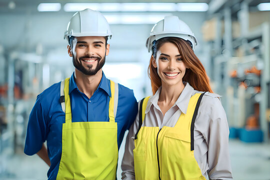 Portrait of happy industrial factory workers. Man and woman, professional worker in a helmet. Labour day concept with people. AI Generative - Powered by Adobe