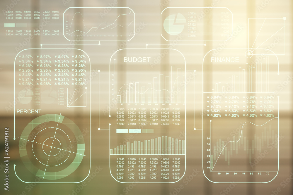 Poster Double exposure of abstract virtual statistics data hologram on empty modern office background, statistics and analytics concept