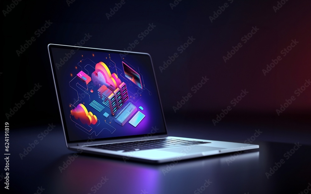 Poster laptop computer mockup with empty screen on monitor. notebook in work interior mock up template. ai 