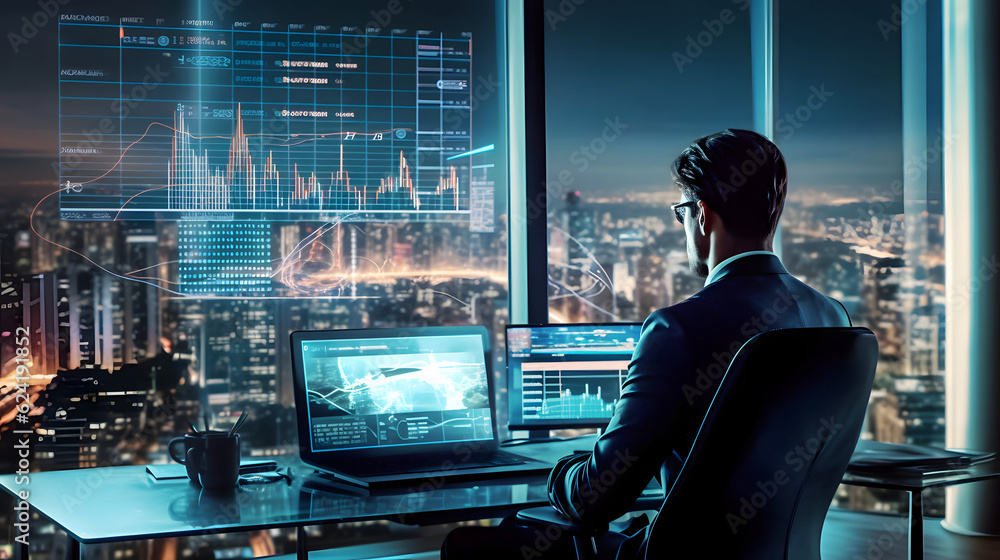 Poster a solitary trader studies stock market graphs on expansive multi monitor workstations, employing mob