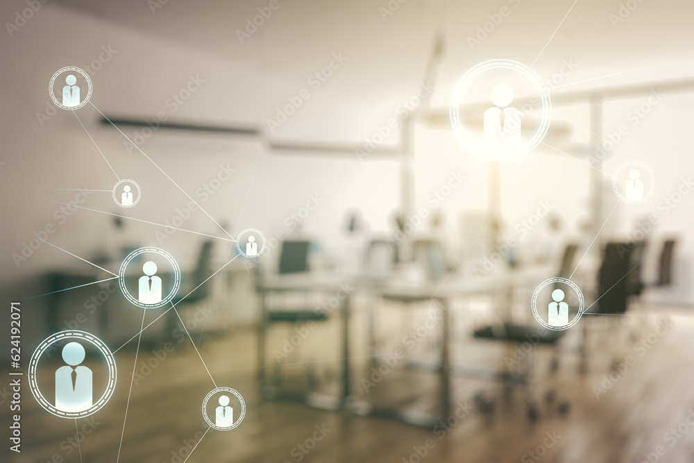 Poster Abstract virtual social network hologram on a modern furnished classroom background. Double exposure