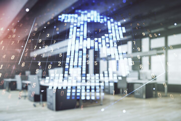Fototapeta premium Virtual Bitcoin hologram on a modern furnished office background. Multiexposure