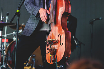 Concert view of a contrabass violoncello player with vocalist and musical rock band during jazz orchestra band performing music, violoncellist cello jazz player on stage