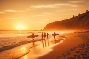Illustration of surfing with friend at the beach at sunset. Summer memories and friendships concept. Beautiful orange sunset, summer holiday. Fictional model and place. Made with Generative AI